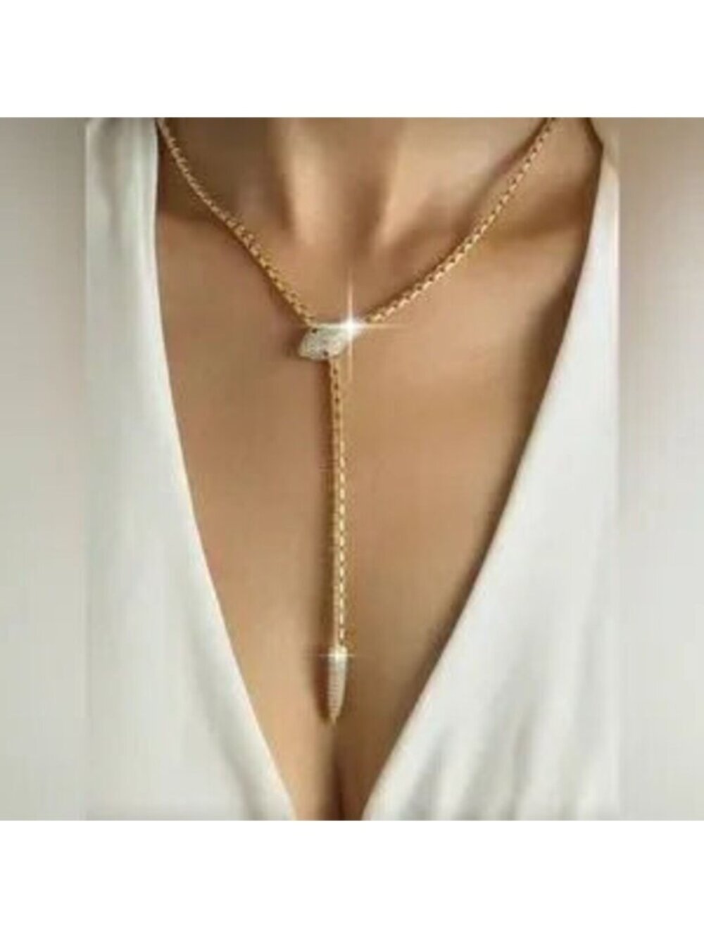 Gold Stainless Steel Snake Lariat Necklace CZ Bolo Style Dainty